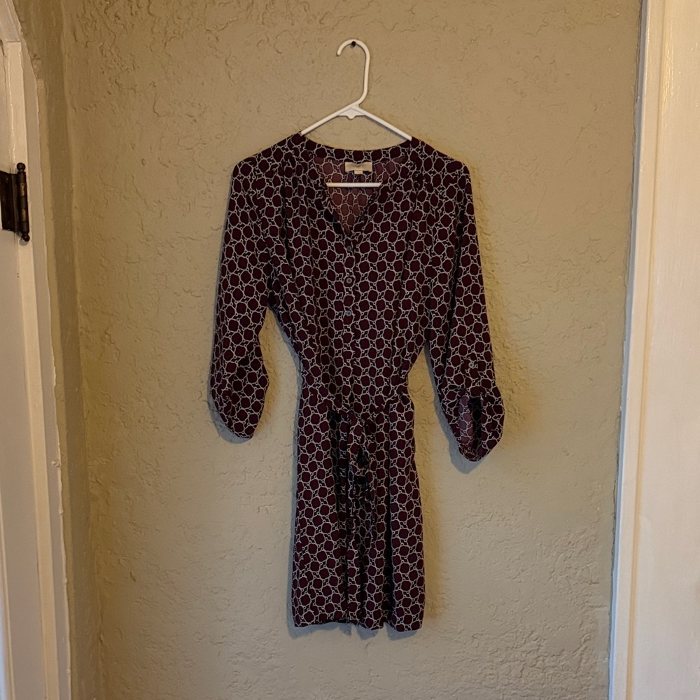 Women’s Burgundy Patterned Tie-Belt Dress
